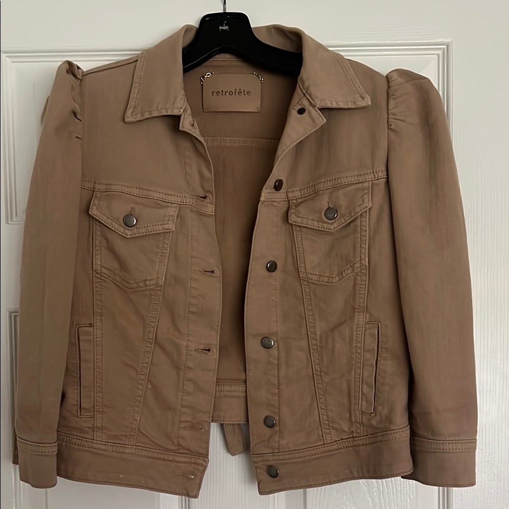 Retrofete Tan Jean Jacket with Puff Shoulders and Modern Silhouette